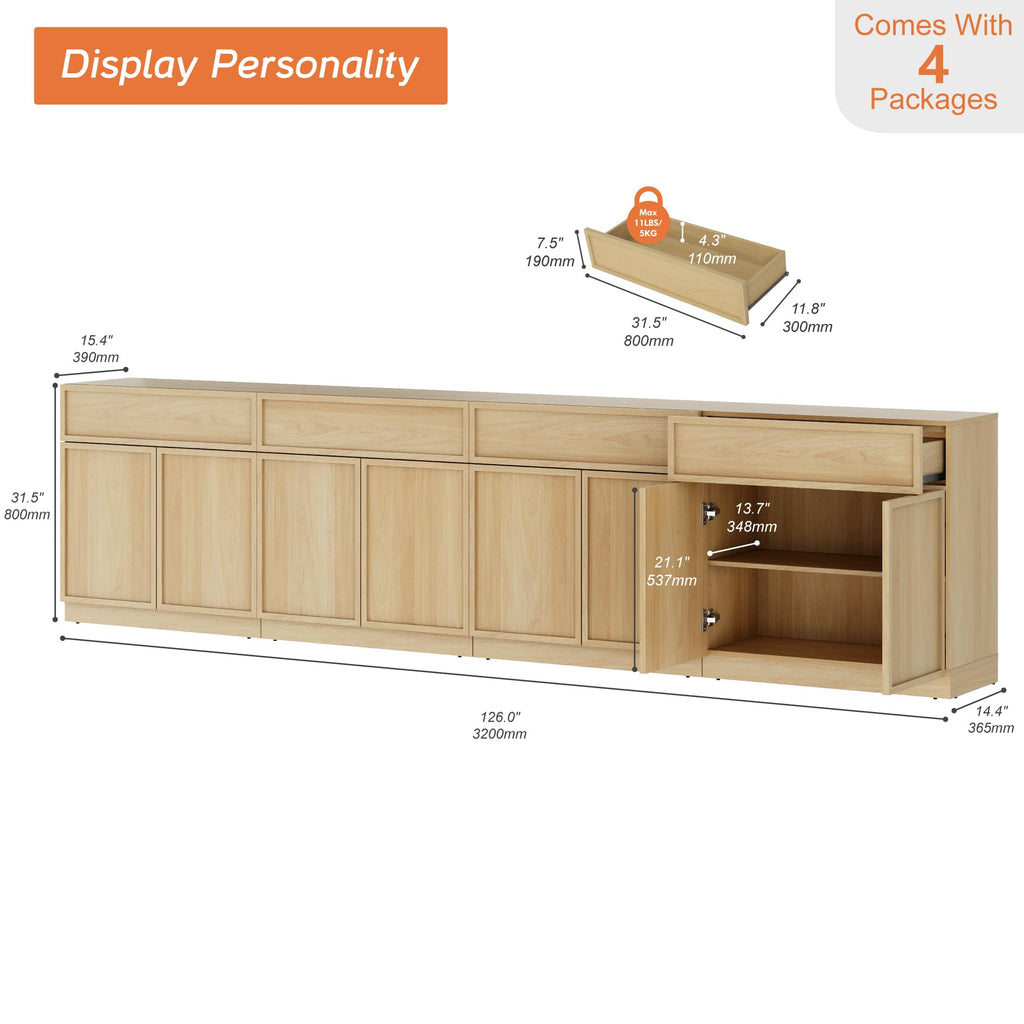 Oak TV Stand with 8 Doors and Drawers W9591
