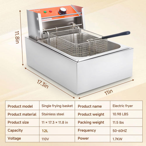 1700W 12L Stainless Steel Electric Deep Fryer with Basket and Lid F7818
