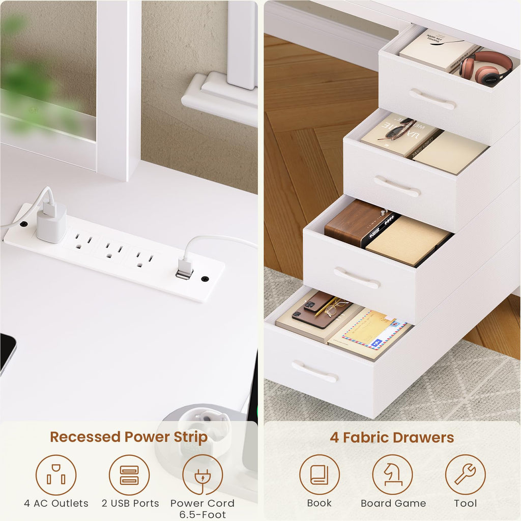 L Shaped Corner Desk with 4 Drawer, Power Outlet & LED Lights, White L91417