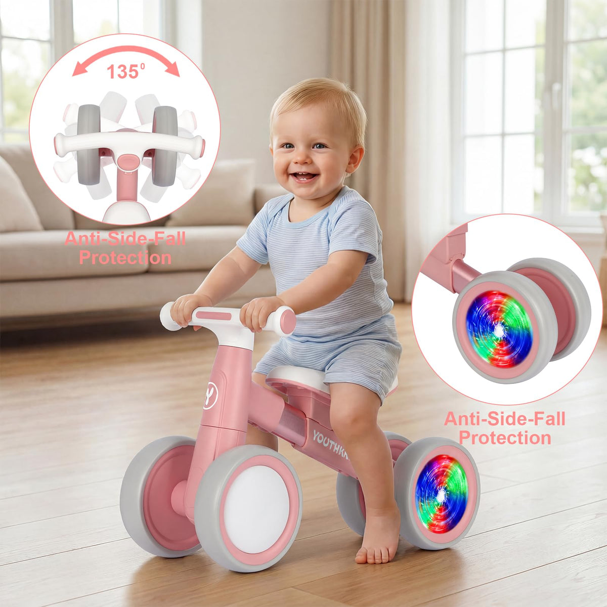 Baby Balance Bike for 1-2 Year Old Toddlers, 4-Wheel with Colorful Light Y98775