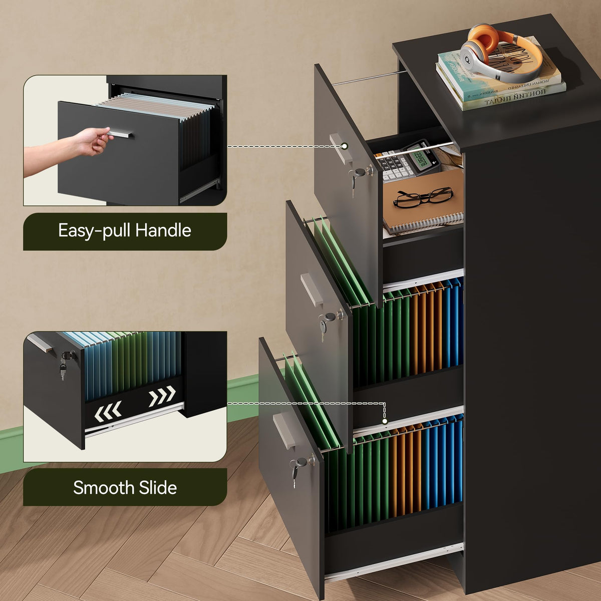 3 Drawer Wood File Cabinet with Lock V33998