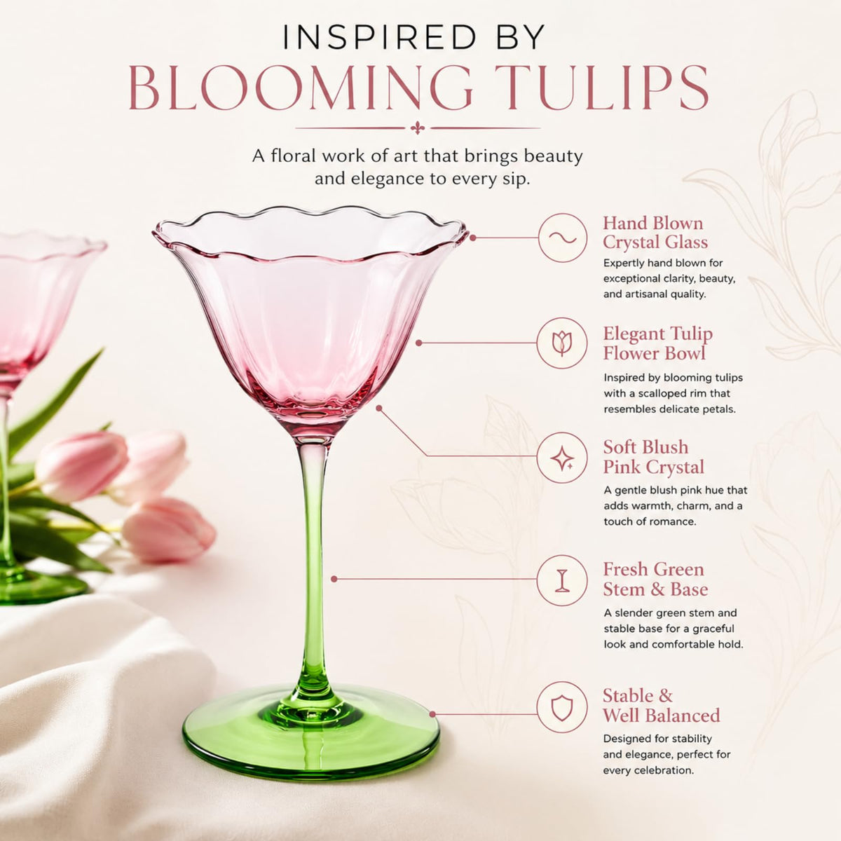 Pink Tulip Flower Cocktail Glasses 2 Set N63523