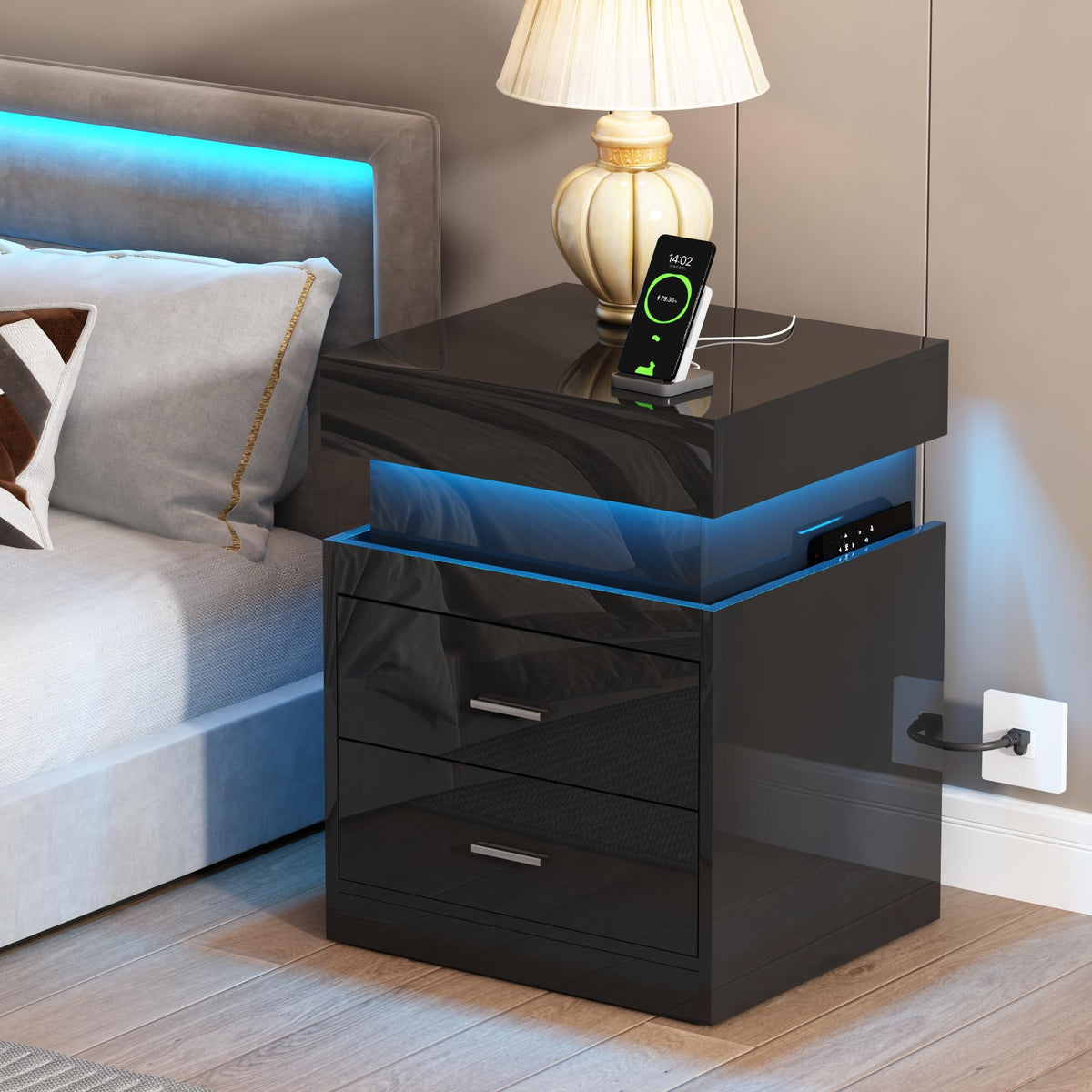 LED Nightstand with Charging Station and Sliding Storage F408