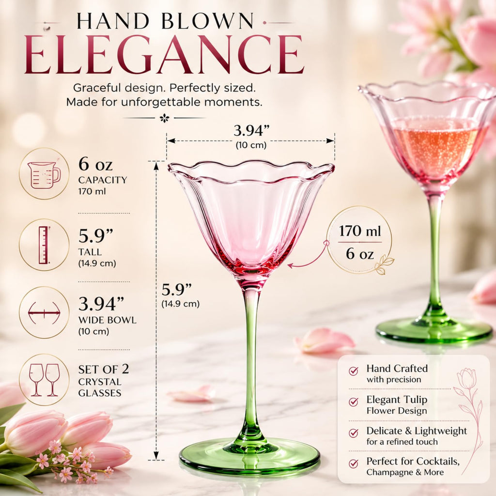Pink Tulip Flower Cocktail Glasses 2 Set N63523