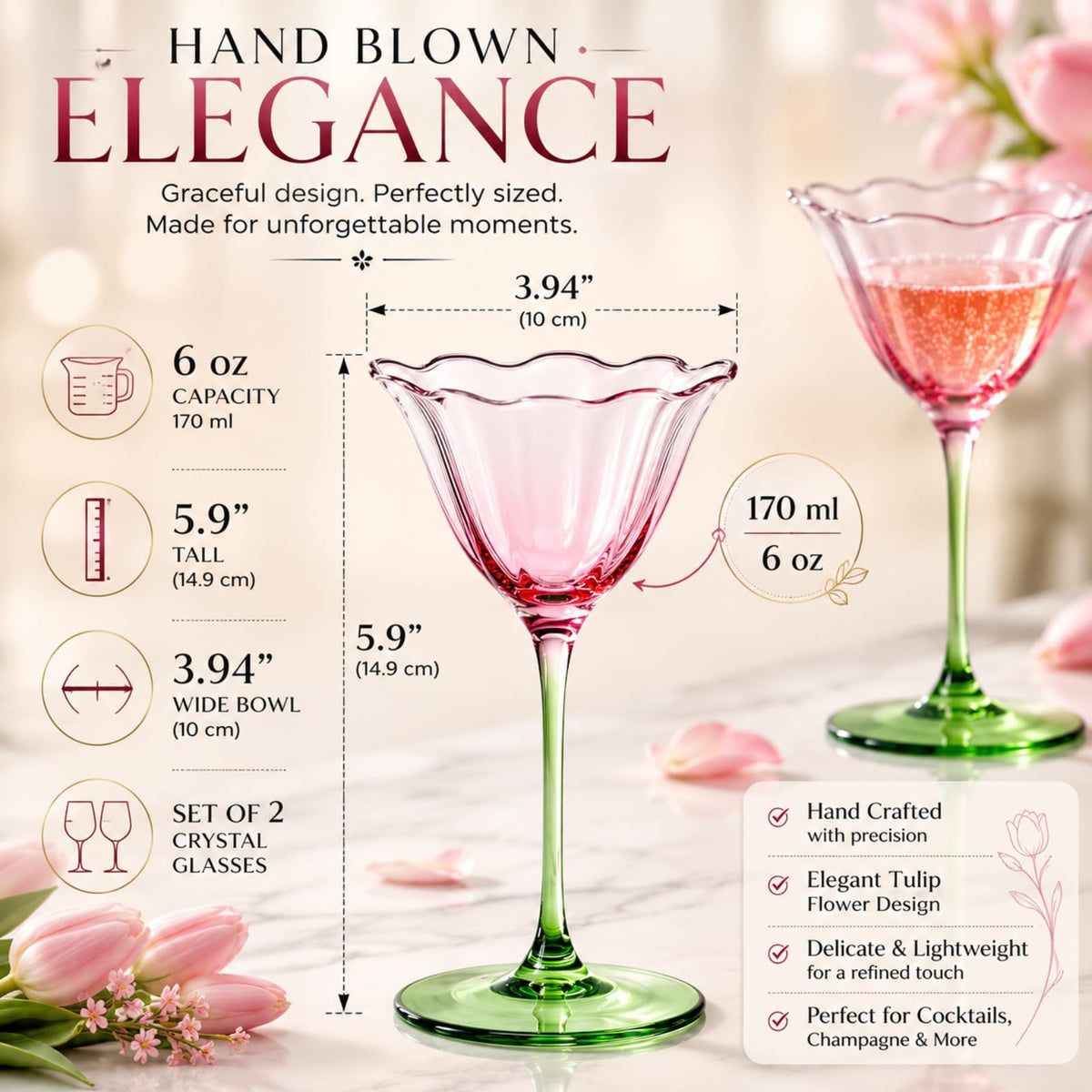 Pink Tulip Flower Cocktail Glasses 2 Set N63523