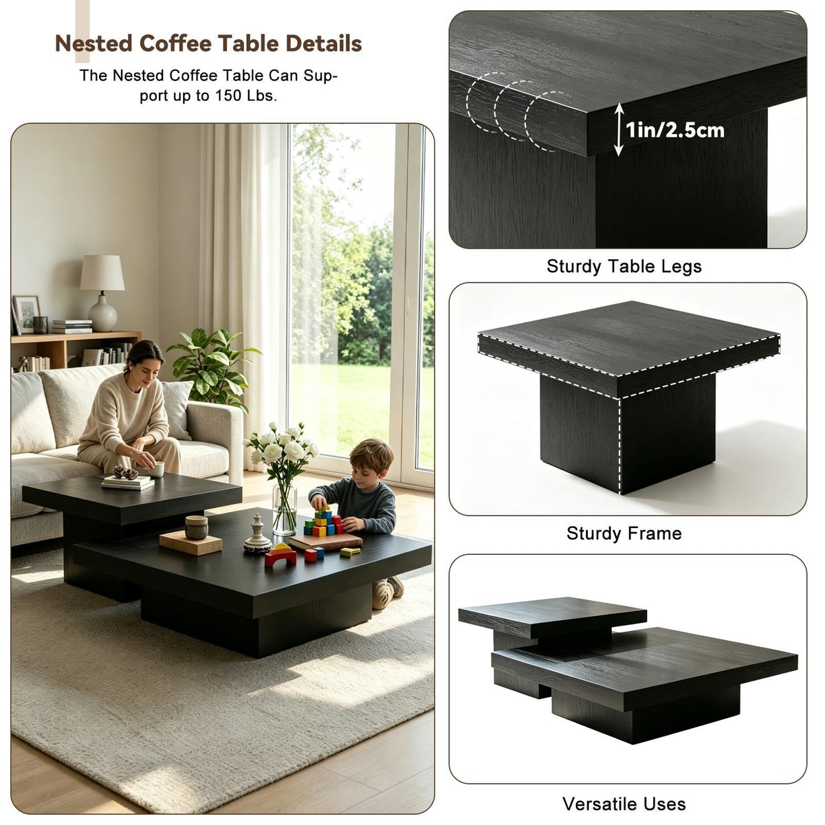 Coffee Table Set of 2 Square Wood Legs Q785499