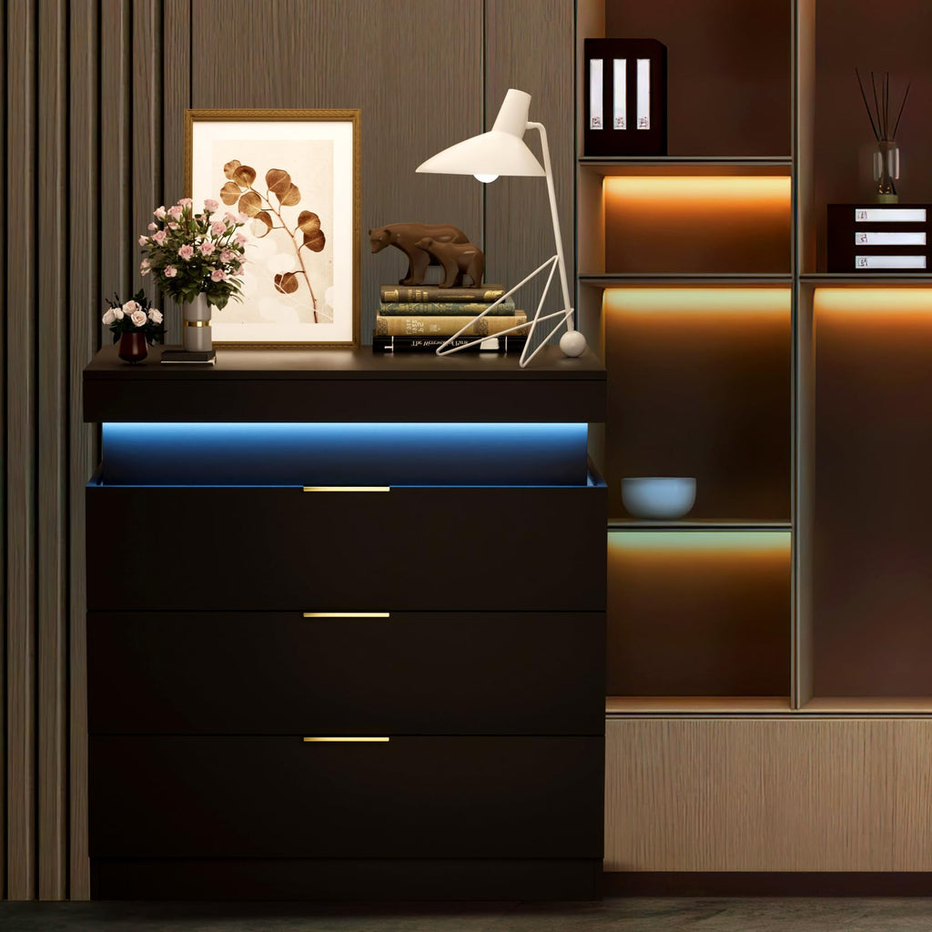 Black Nightstand with Charging Station and LED Lights Q6573