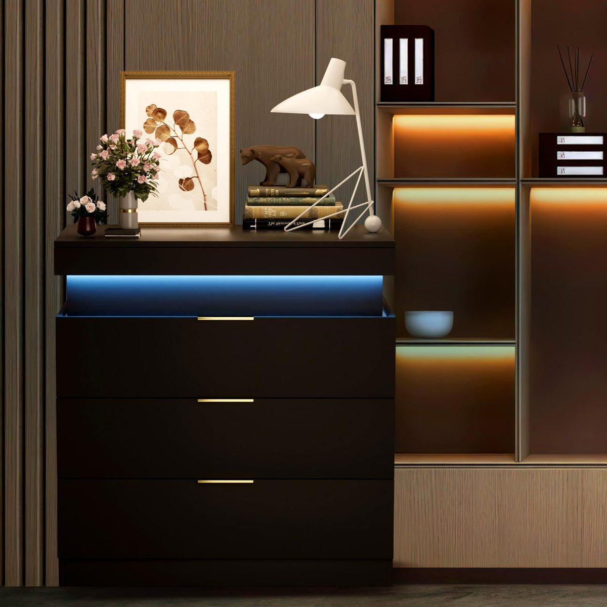 Black Nightstand with Charging Station and LED Lights Q6573