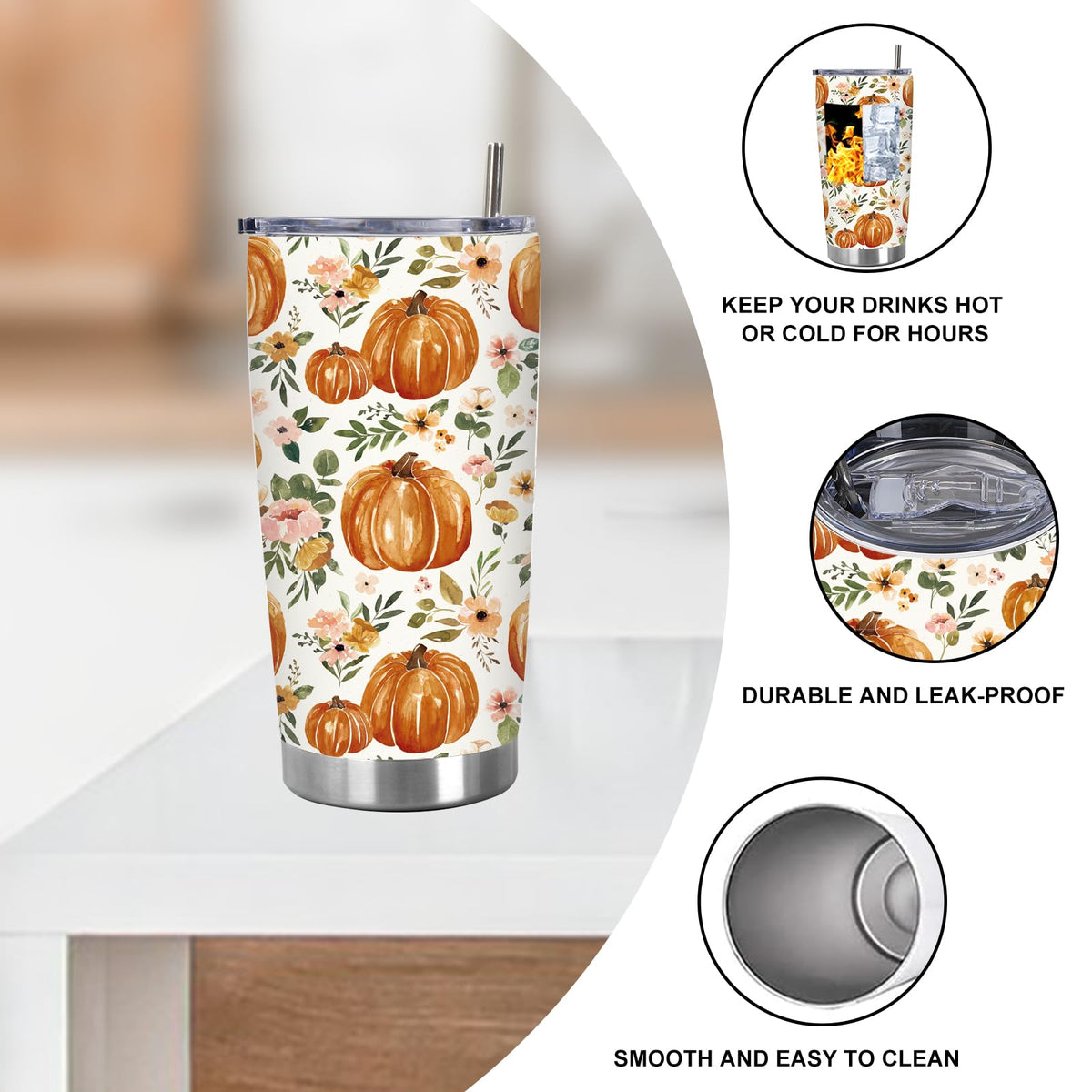20 Oz Floral Pumpkin Tumbler with Lid Straw J368417