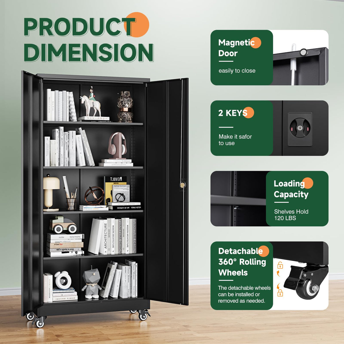 Metal Garage Storage Cabinets with Wheels, Locking Door and Adjustable Shelves (Black, 74.41" H) E7277