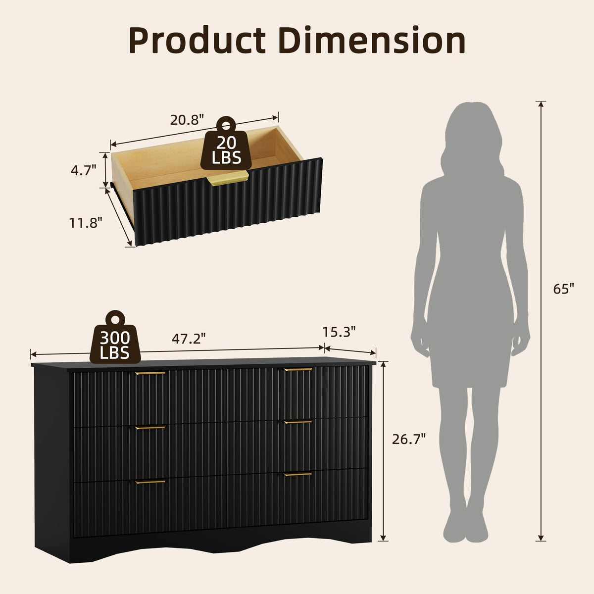 6 Drawer Fluted Wood Dresser U981