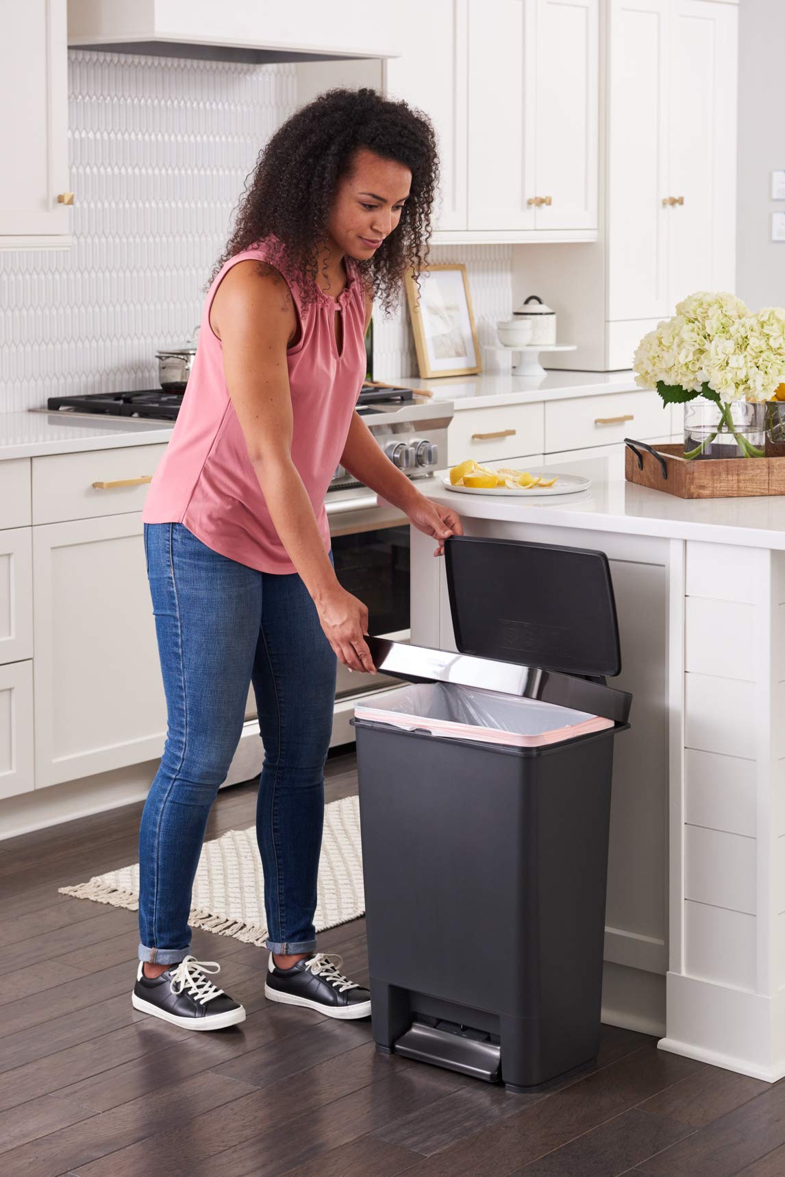 12.4 Gallon Charcoal Step-On Trash Can with Stainless Steel Rim R8856