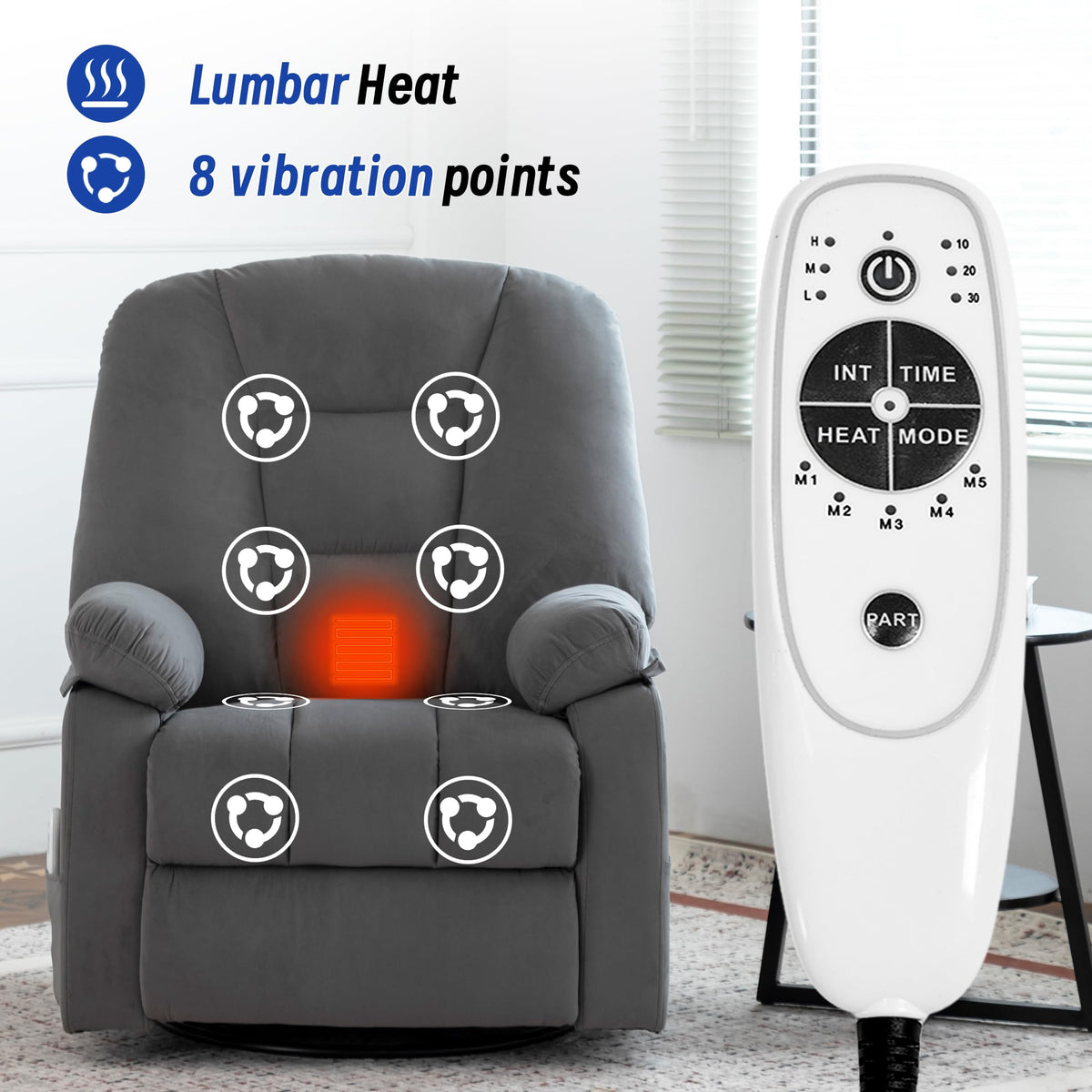 Power Swivel Rocker Recliner Chair with Massage and Heat, Gray L834165