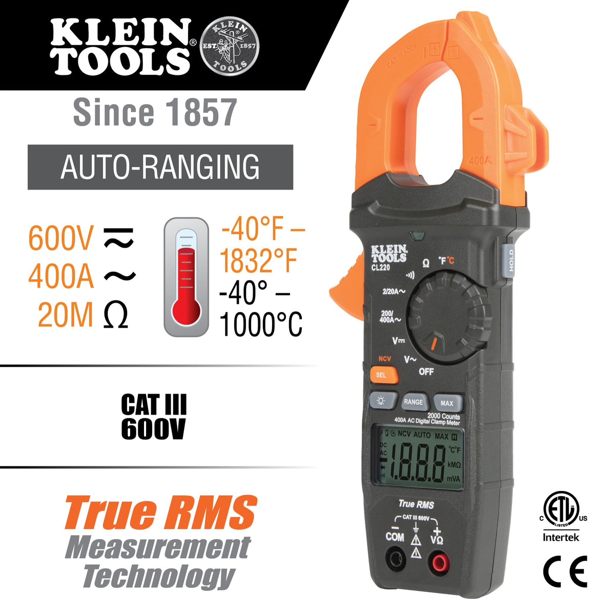 Digital Clamp Meter, Auto-Ranging 400 Amp AC K647714