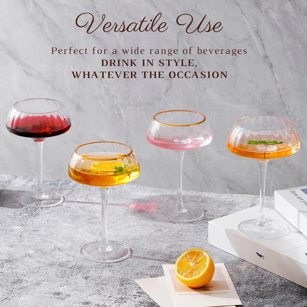 Coupe Glasses Set of 4 Hand Blown 8.45 oz Gold Rim P88944