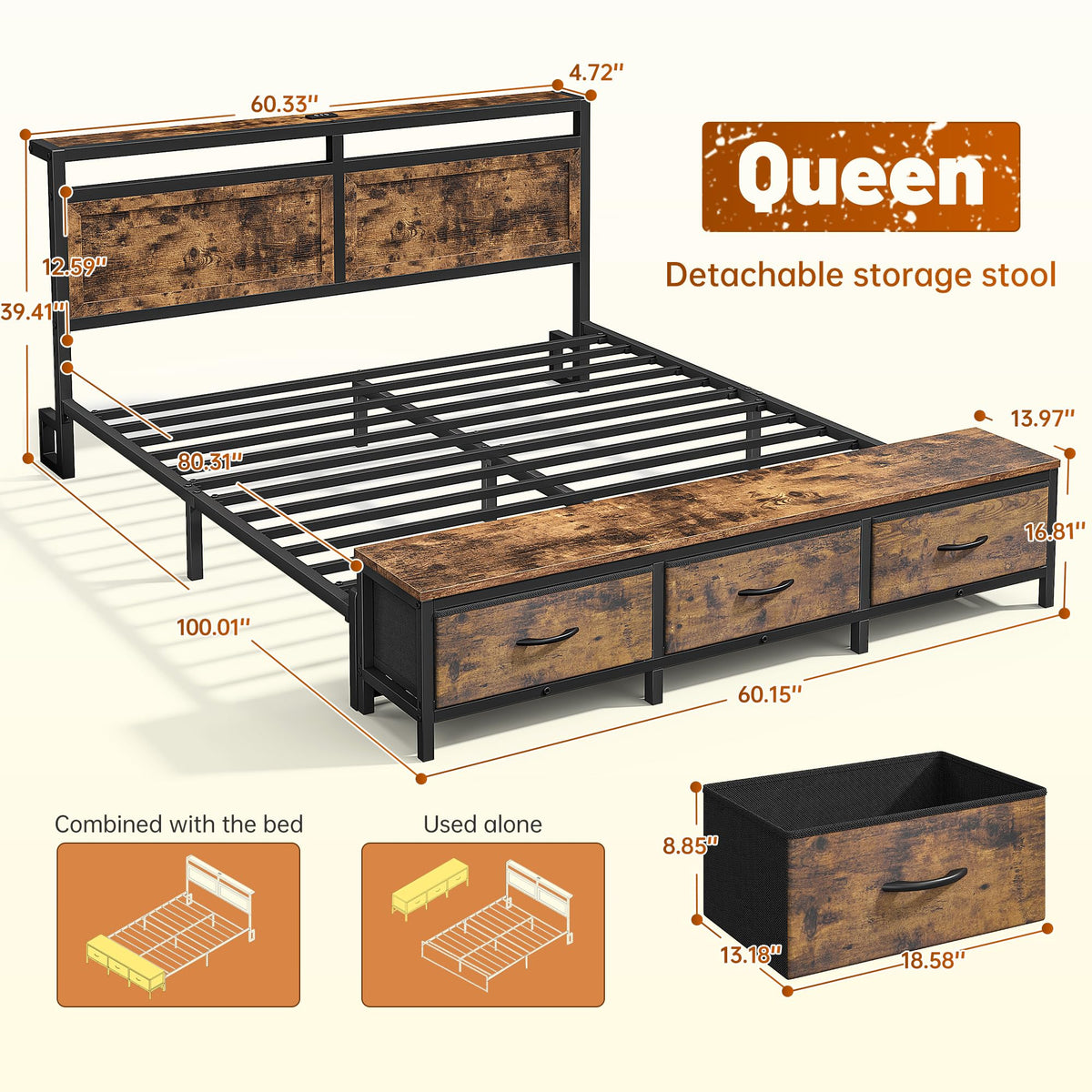 Queen Bed Frame with Ottoman & Charging Station N760