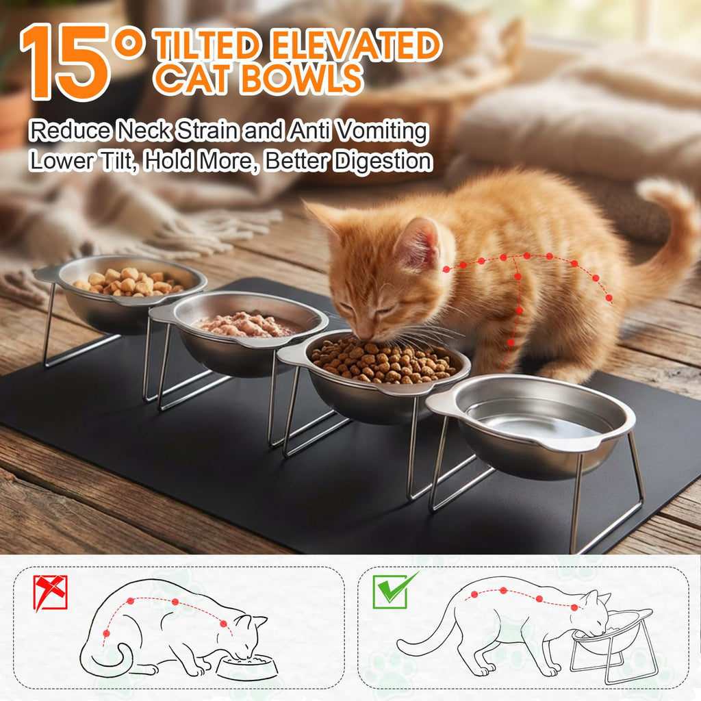 4 Set Elevated Stainless Steel Cat Food Water Bowls C9314