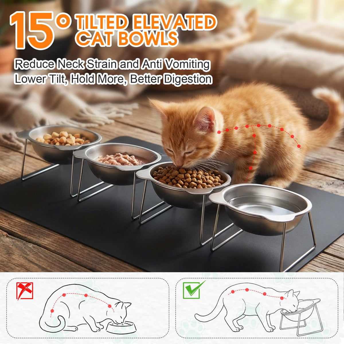 4 Set Elevated Stainless Steel Cat Food Water Bowls C9314