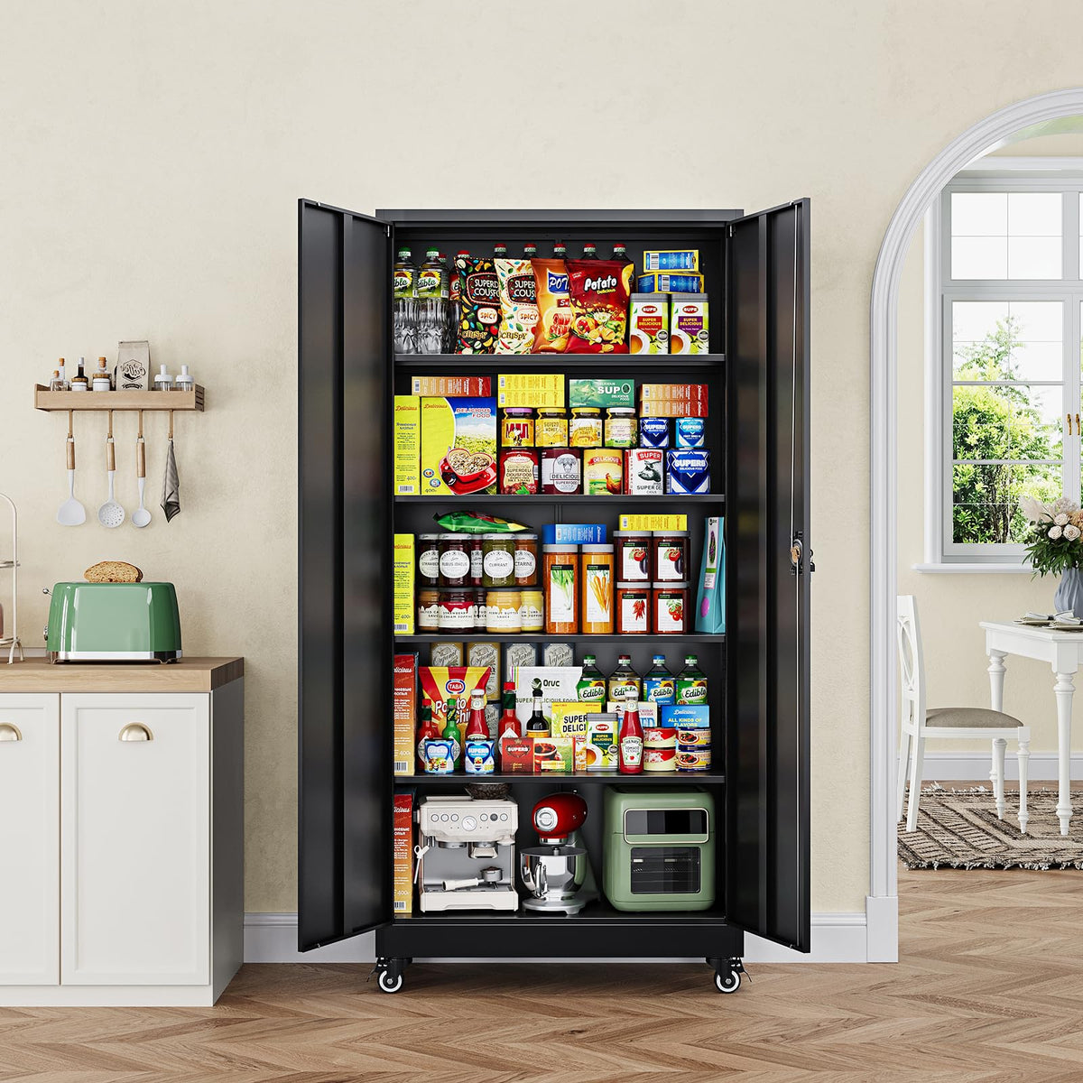 Metal Garage Storage Cabinets with Wheels, Locking Door and Adjustable Shelves (Black, 74.41" H) E7277