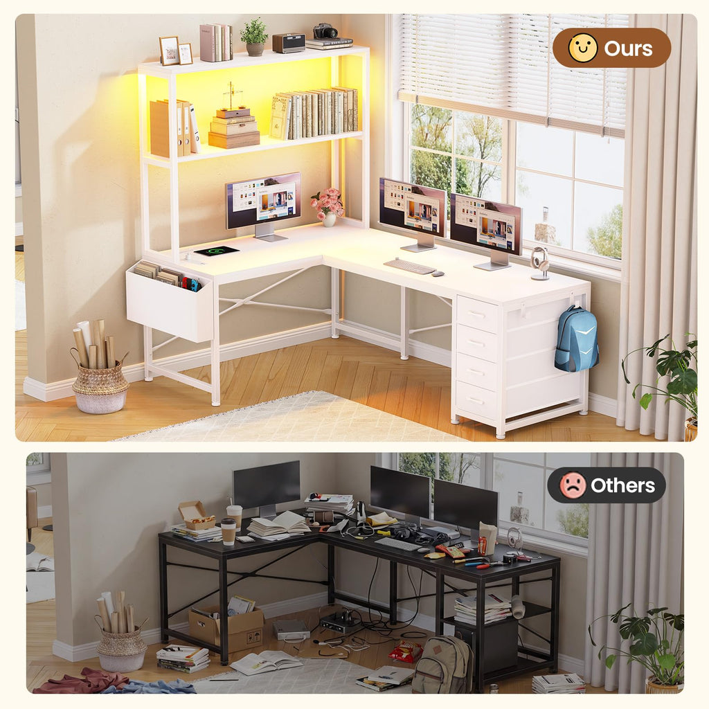L Shaped Corner Desk with 4 Drawer, Power Outlet & LED Lights, White L91417