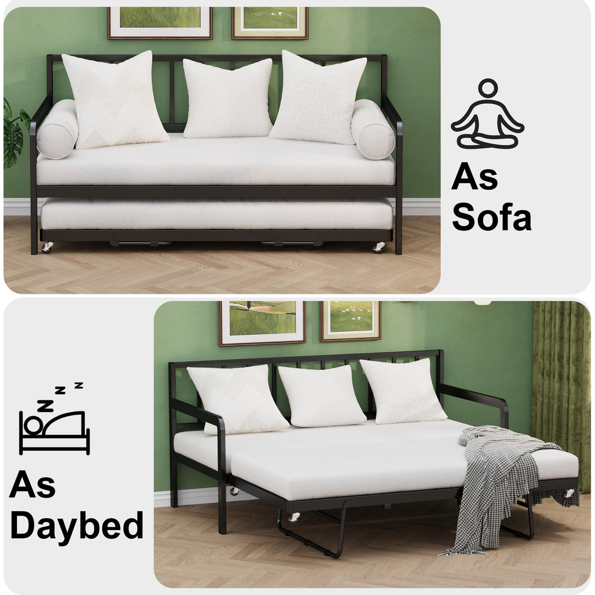 Twin Daybed with Pop Up Trundle, Metal Steel Slats, Black V878433