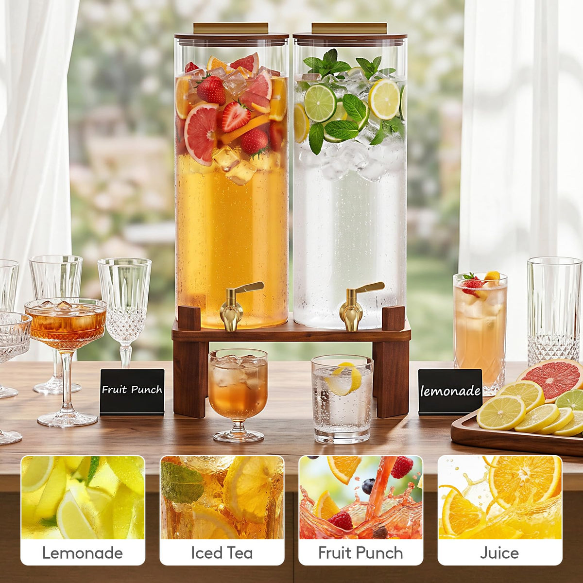 2 Gallon Glass Drink Dispenser with Wood Stand X69560
