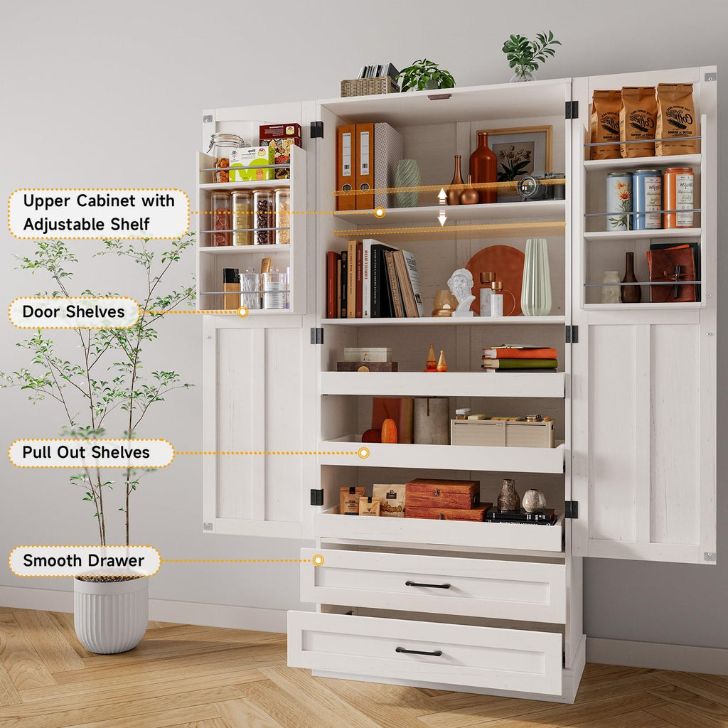 71" Off-White Kitchen Pantry Cabinet with 3 Pull-Out Shelf & 2 Drawer L5150
