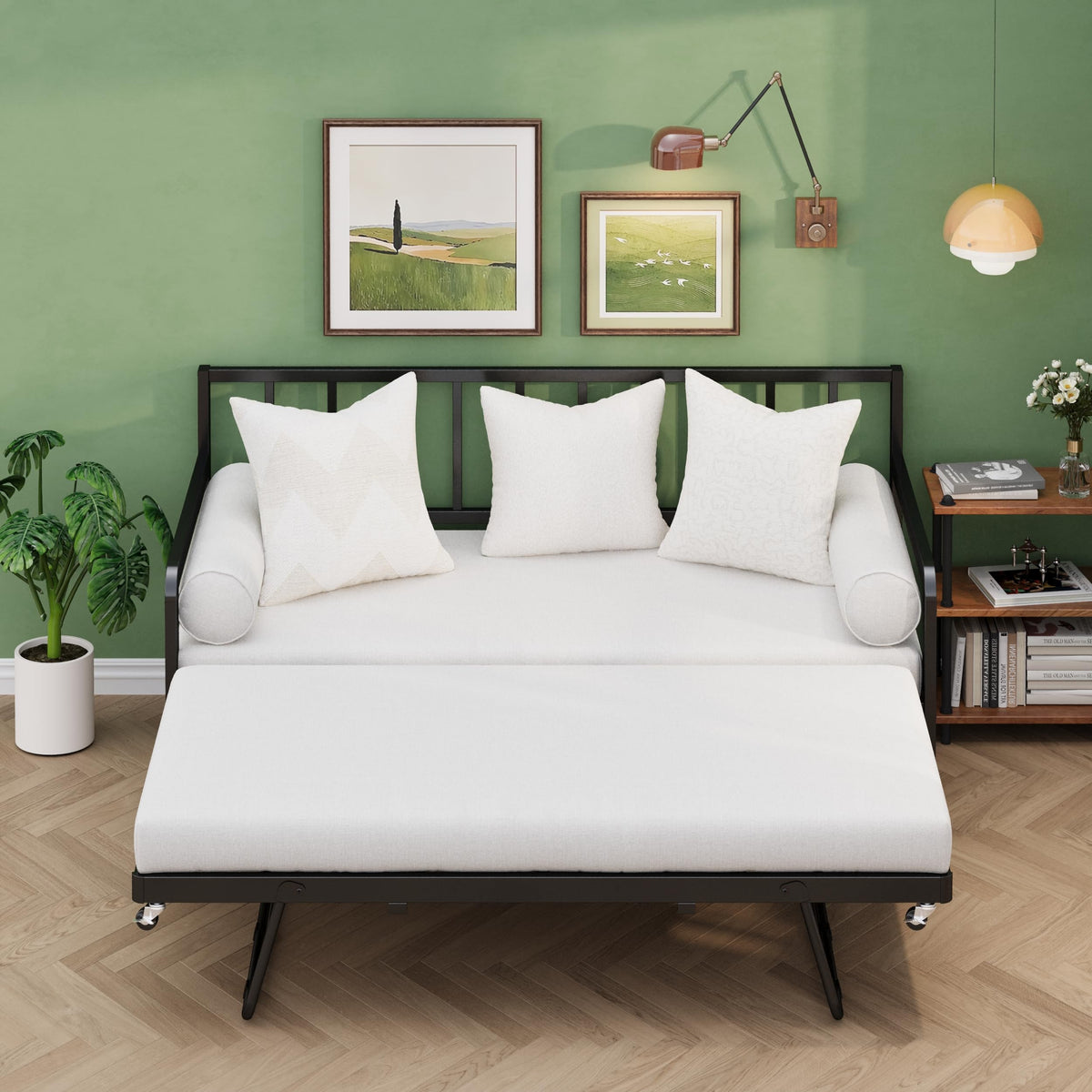 Twin Daybed with Pop Up Trundle, Metal Steel Slats, Black V878433