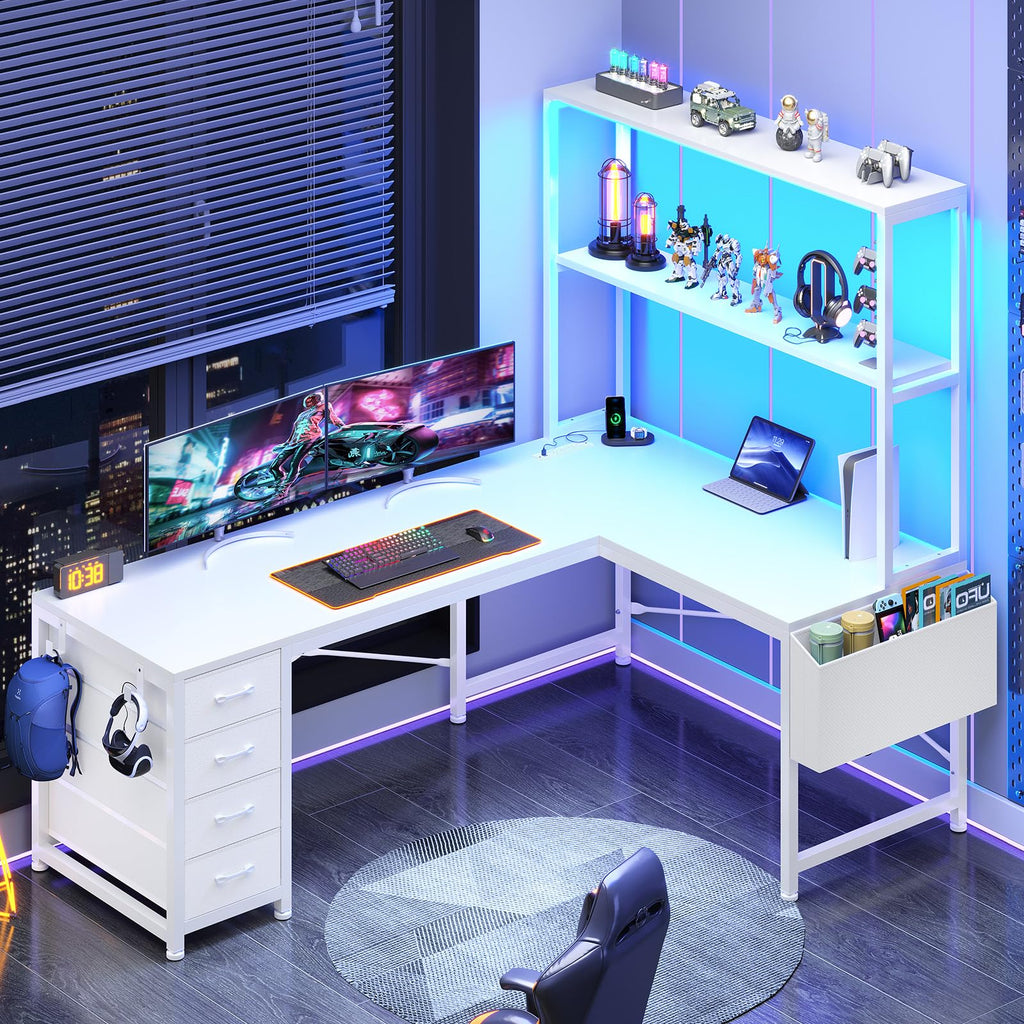 L Shaped Corner Desk with 4 Drawer, Power Outlet & LED Lights, White L91417
