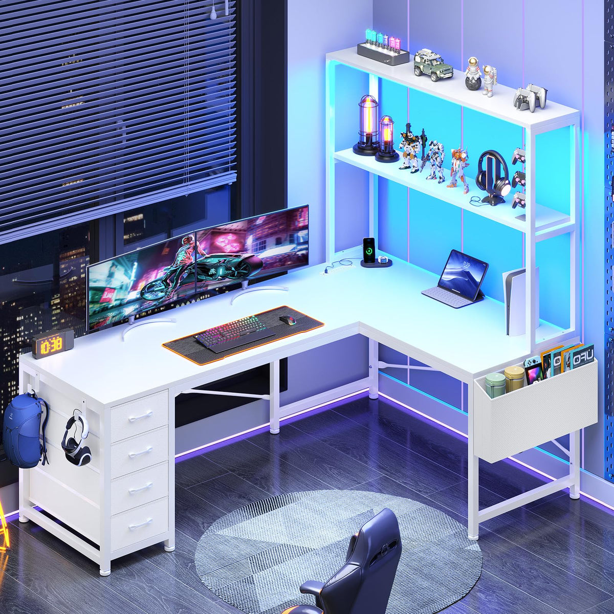 L Shaped Corner Desk with 4 Drawer, Power Outlet & LED Lights, White L91417