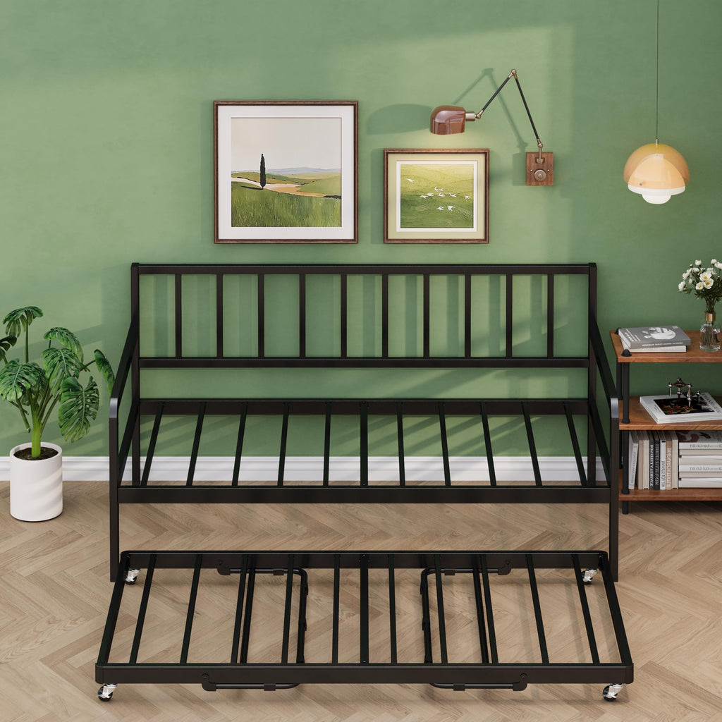 Twin Daybed with Pop Up Trundle, Metal Steel Slats, Black V878433