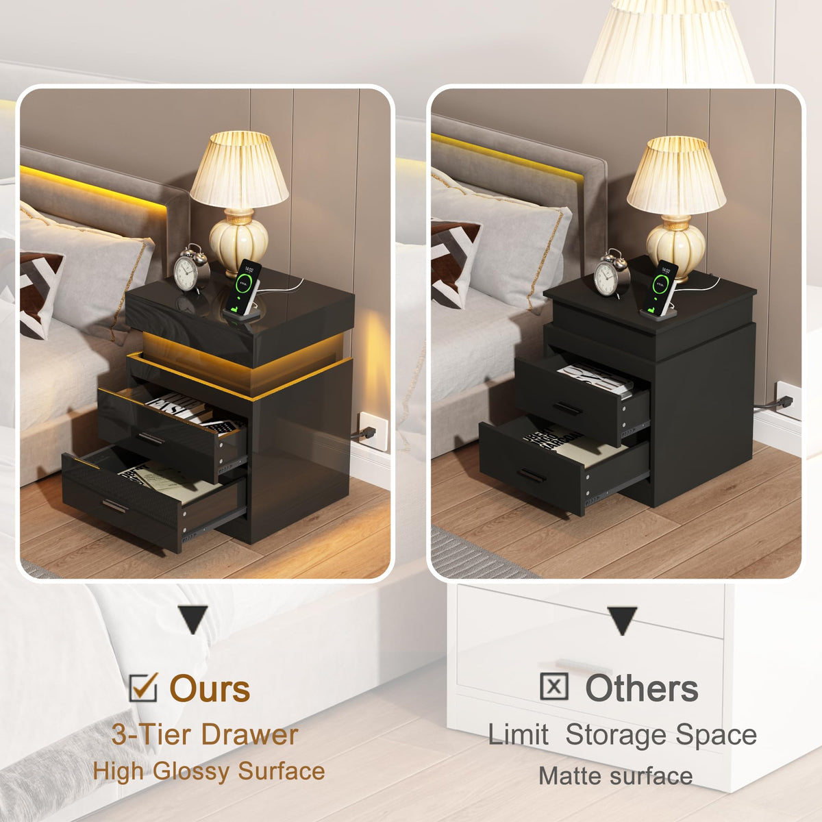 LED Nightstand with Charging Station and Sliding Storage F408