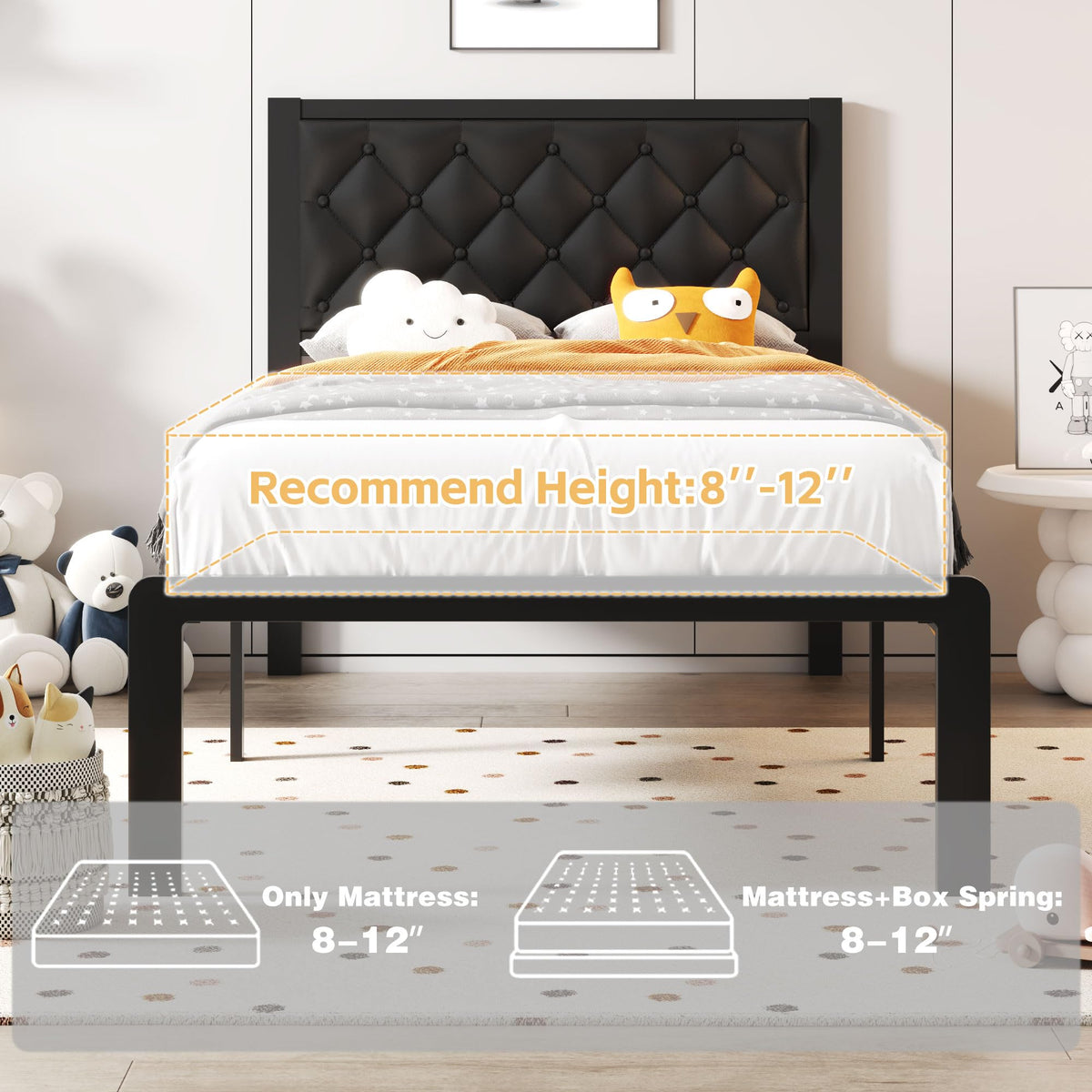 Black PU Leather Upholstered Twin Bed Frame with Headboard I17804
