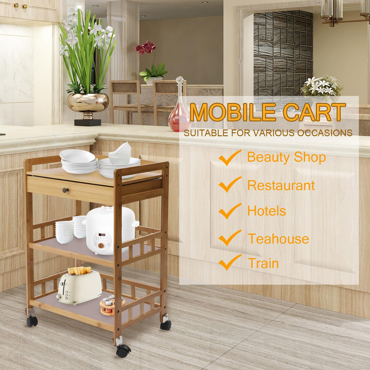 3-Tier Bamboo Kitchen Cart with Drawer W472744