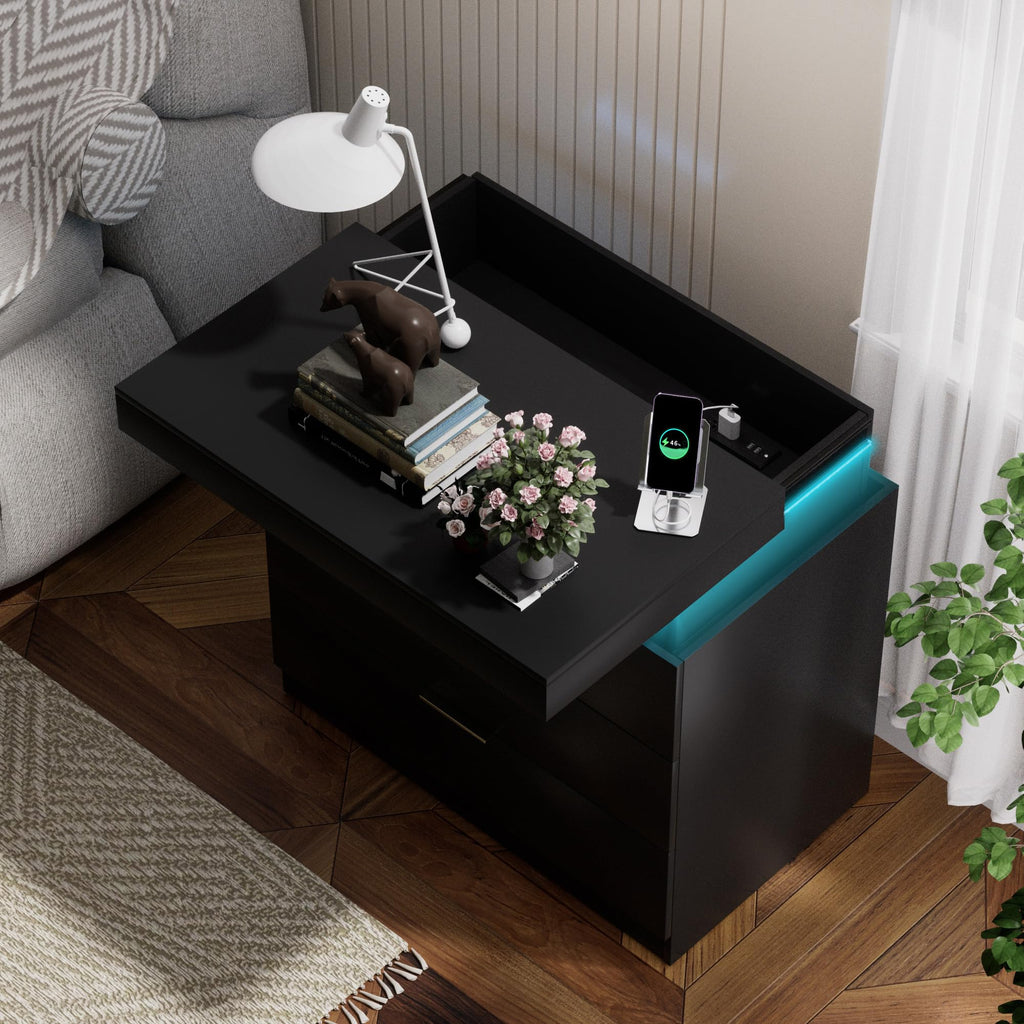 Black Nightstand with Charging Station and LED Lights Q6573