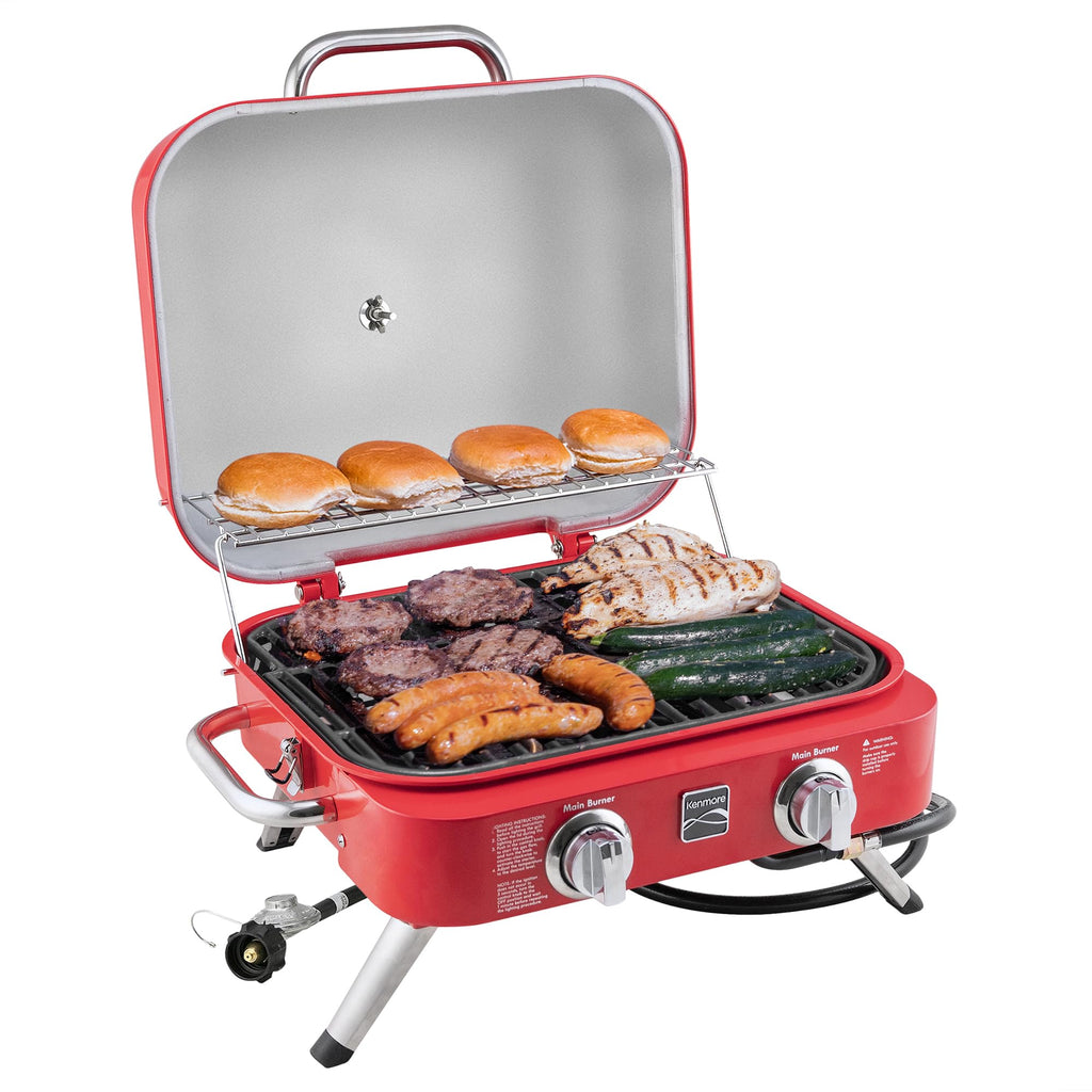 Portable Propane Gas Grill with Warming Rack, 2 Stainless Steel Burners, 14,000 BTUs, Red A569