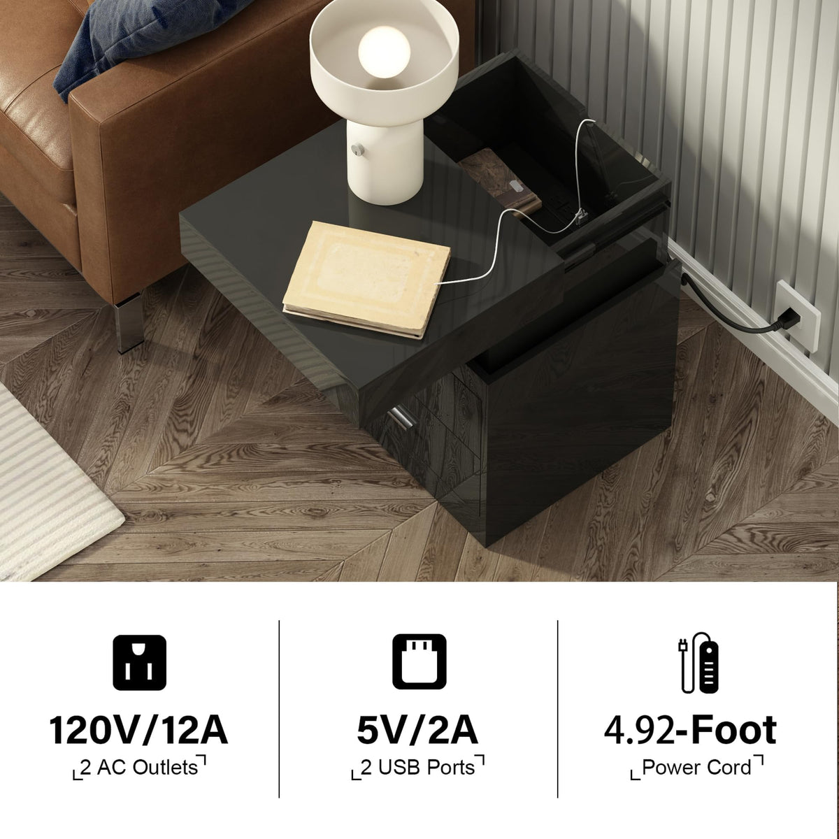 LED Nightstand with Charging Station and Sliding Storage F408