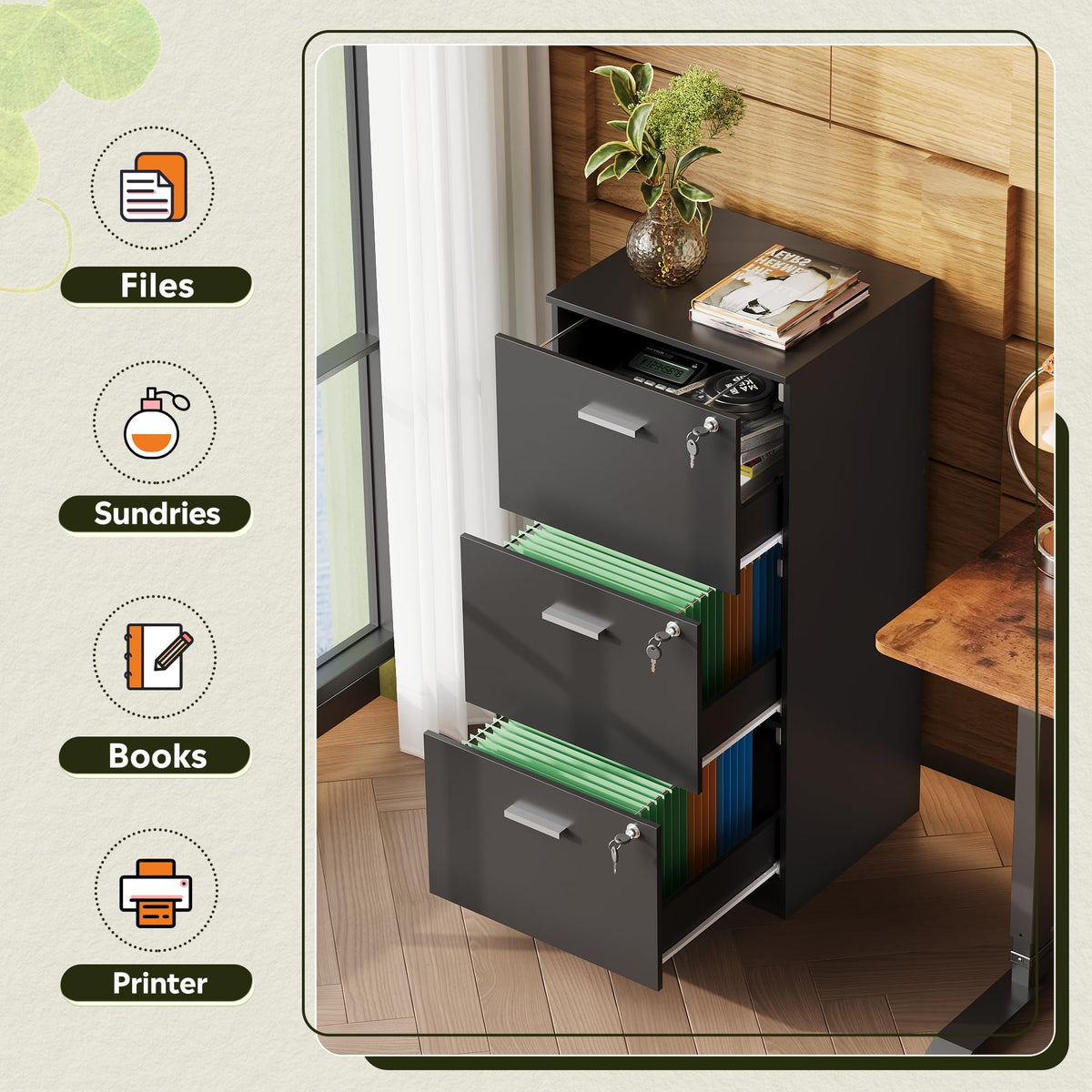 3 Drawer Wood File Cabinet with Lock V33998