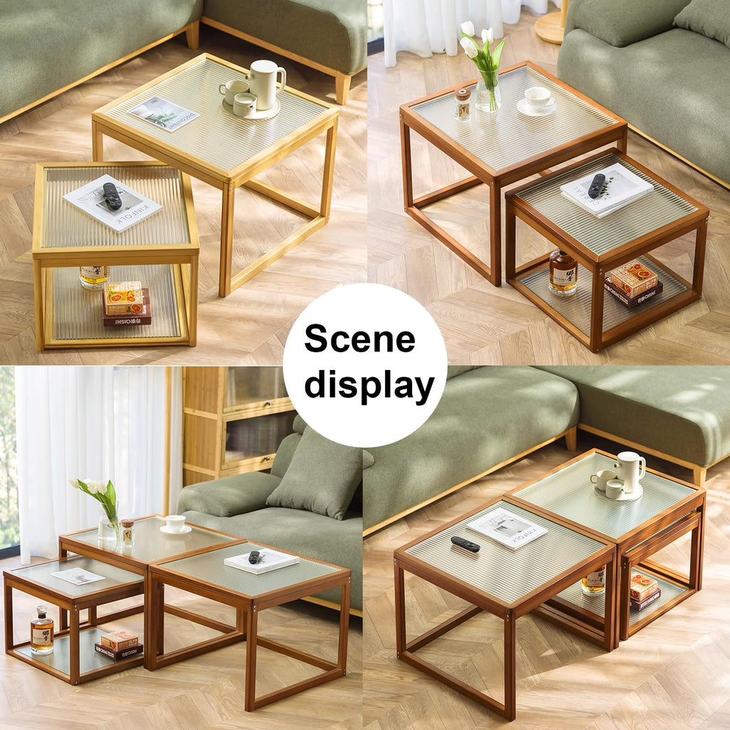 Square Coffee Table Set of Two, Natural Bamboo Q31572