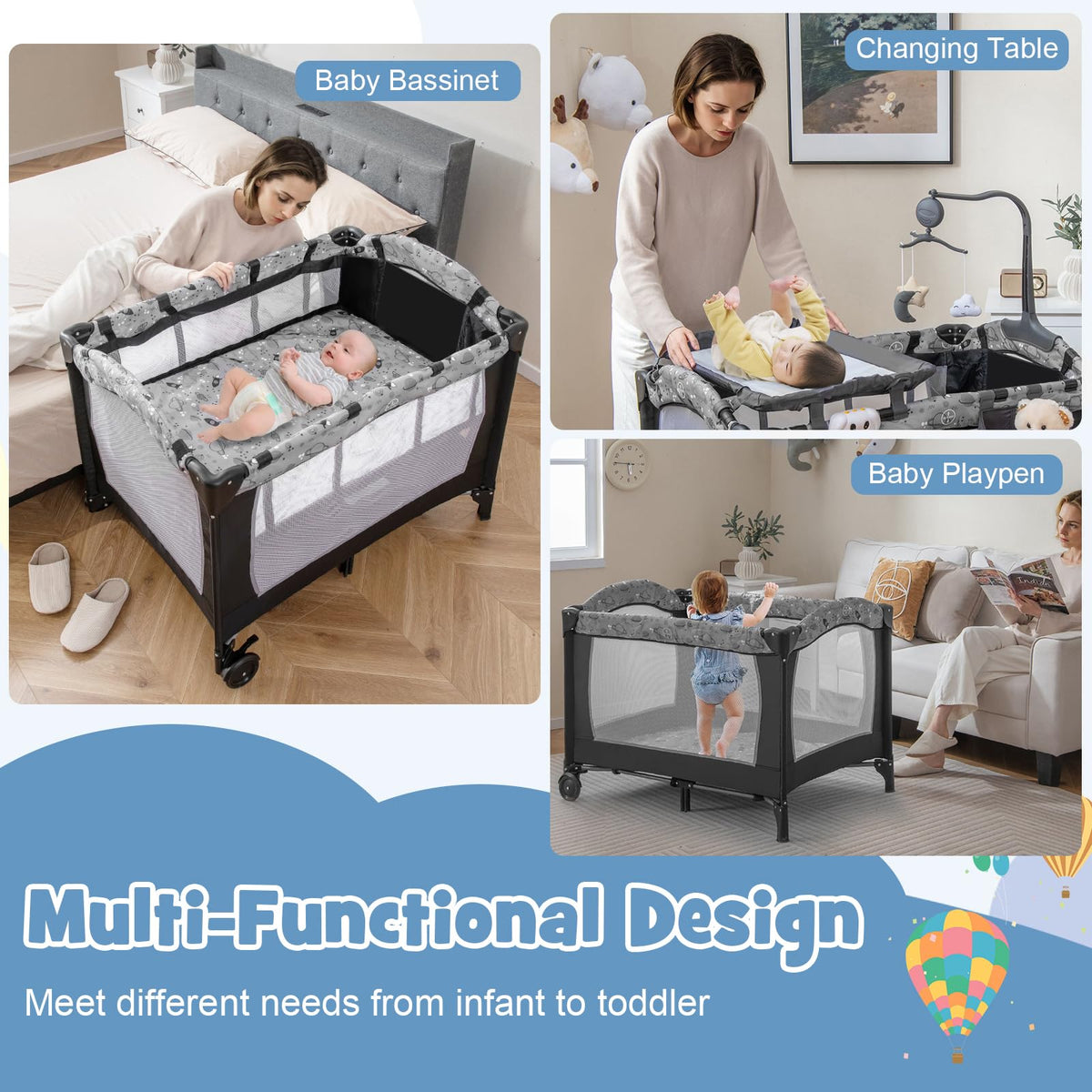 4 in 1 Portable Baby Playard with Bassinet and Changing Table U780
