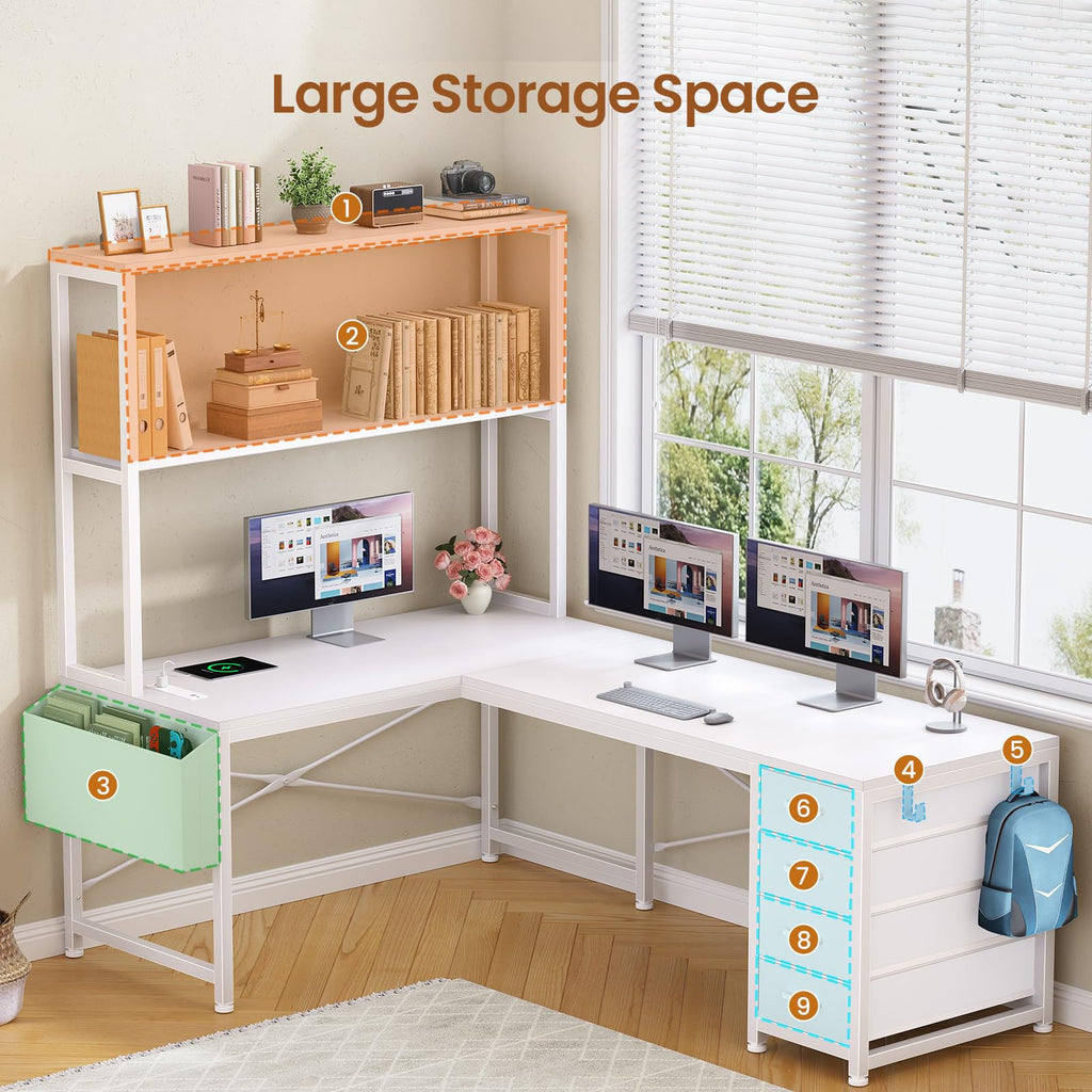 L Shaped Corner Desk with 4 Drawer, Power Outlet & LED Lights, White L91417