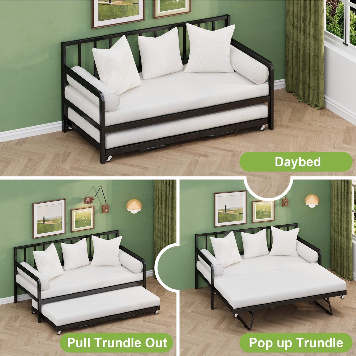 Twin Daybed with Pop Up Trundle, Metal Steel Slats, Black V878433