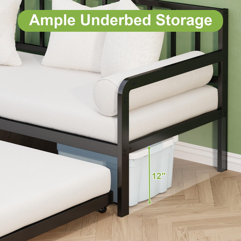 Twin Daybed with Pop Up Trundle, Metal Steel Slats, Black V878433