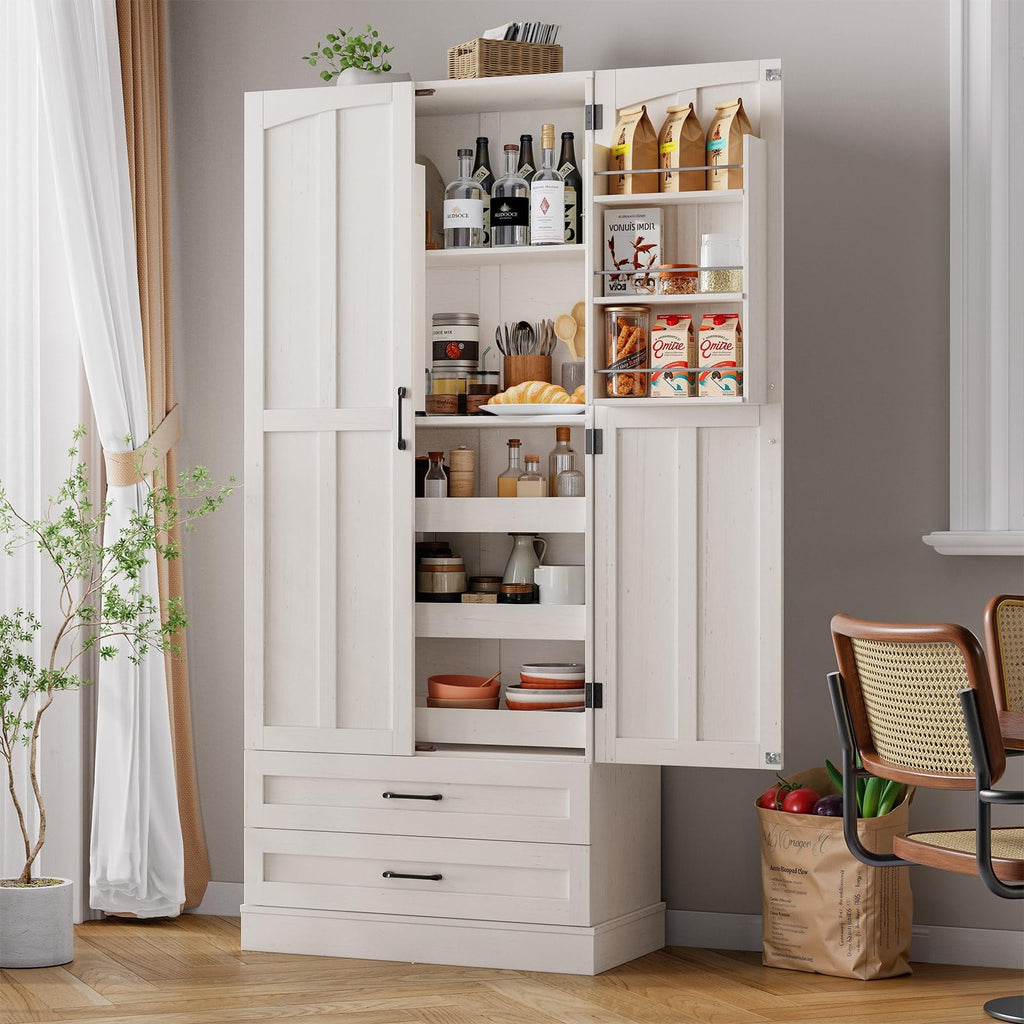 71" Off-White Kitchen Pantry Cabinet with 3 Pull-Out Shelf & 2 Drawer L5150