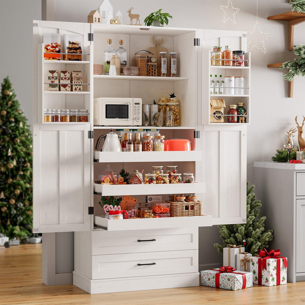 71" Off-White Kitchen Pantry Cabinet with 3 Pull-Out Shelf & 2 Drawer L5150