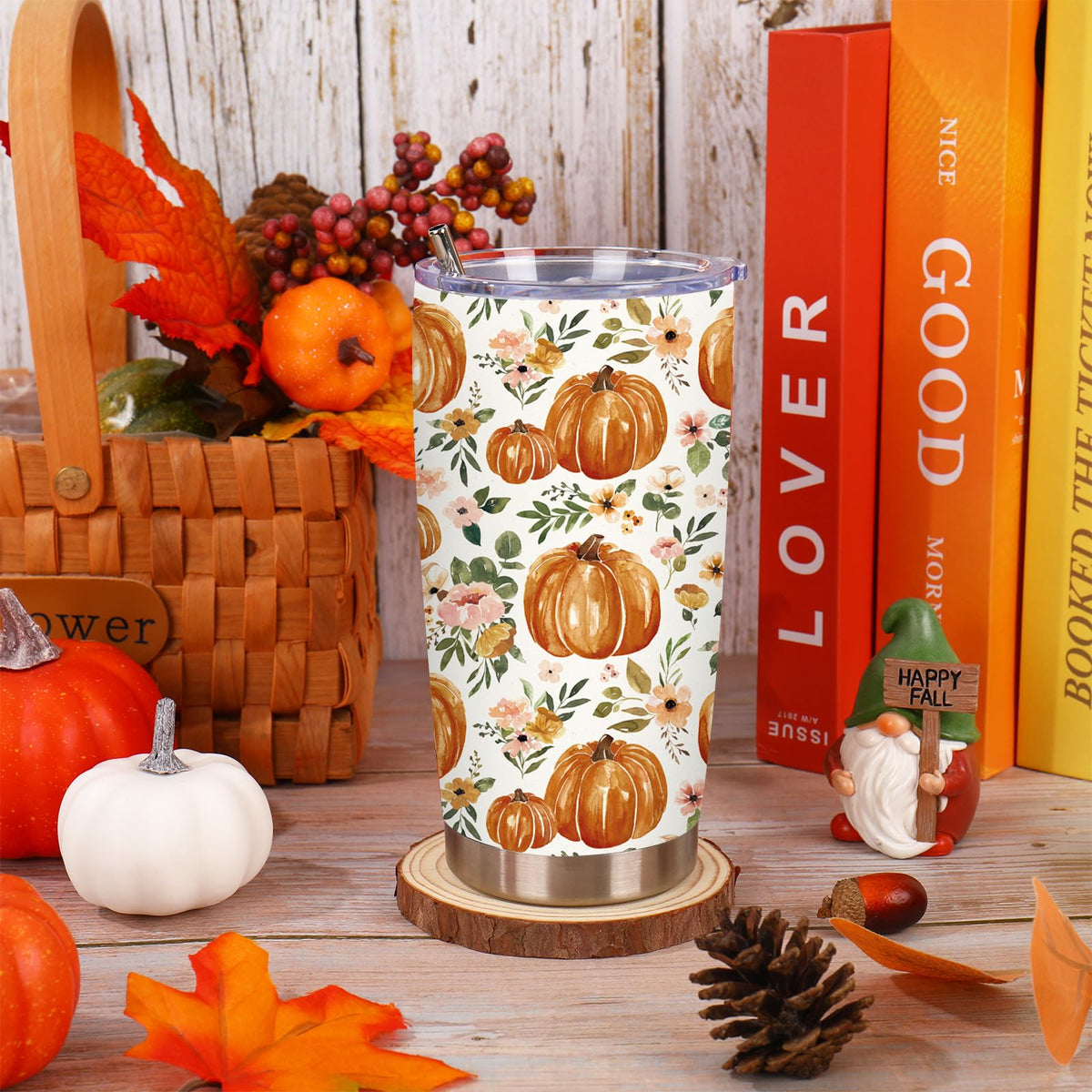 20 Oz Floral Pumpkin Tumbler with Lid Straw J368417