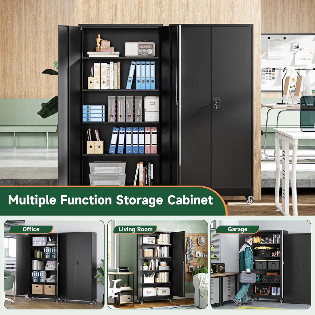Metal Garage Storage Cabinets with Wheels, Locking Door and Adjustable Shelves (Black, 74.41" H) E7277