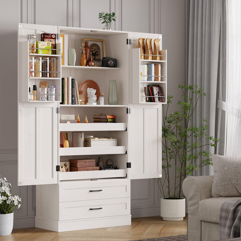 71" Off-White Kitchen Pantry Cabinet with 3 Pull-Out Shelf & 2 Drawer L5150