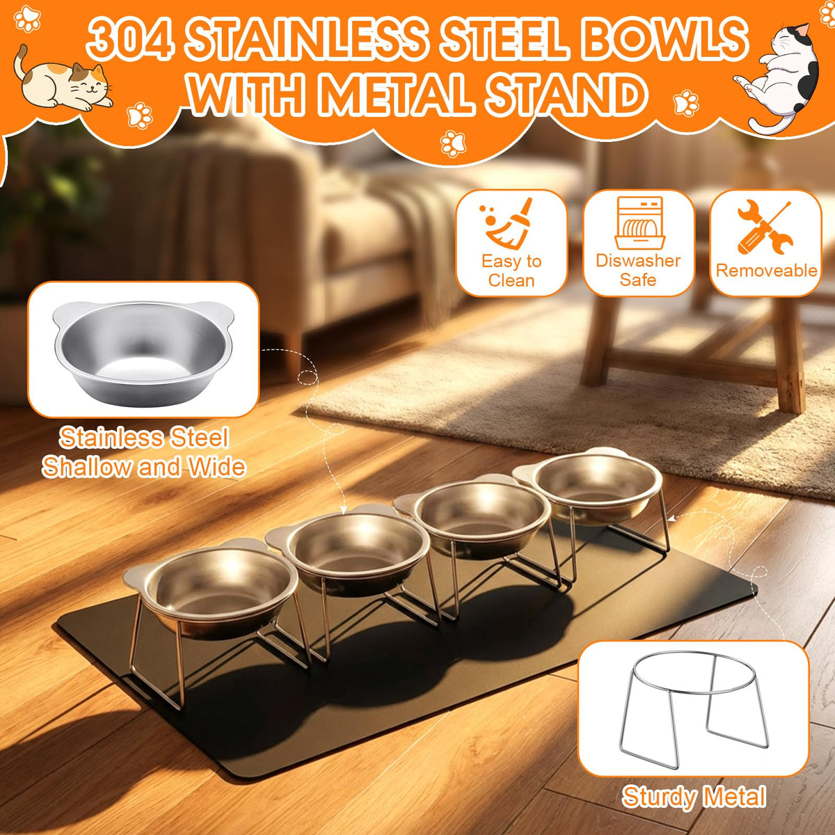 4 Set Elevated Stainless Steel Cat Food Water Bowls C9314