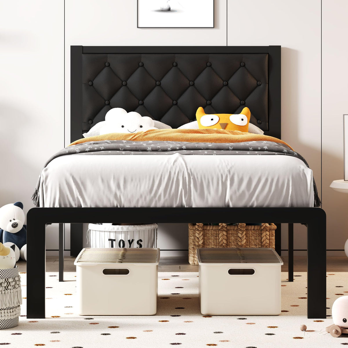 Black PU Leather Upholstered Twin Bed Frame with Headboard I17804